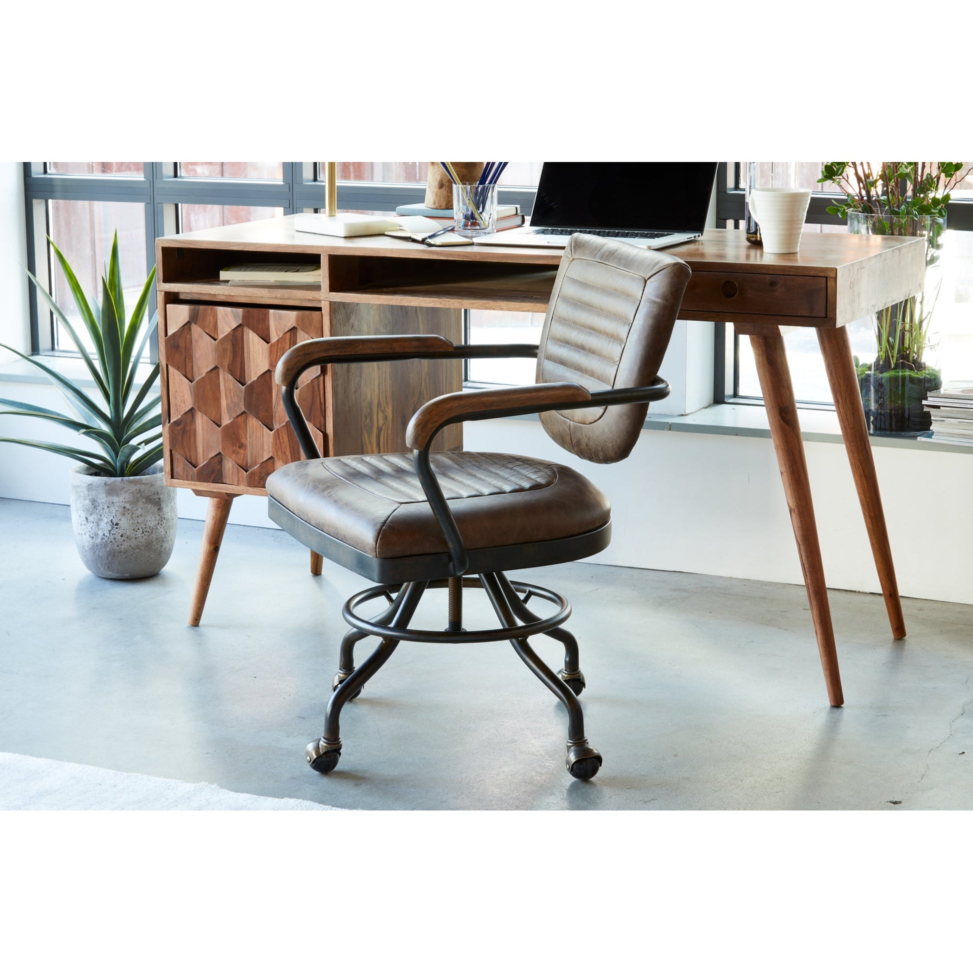 FOSTER SWIVEL DESK CHAIR CON PANA BROWN LEATHER-4